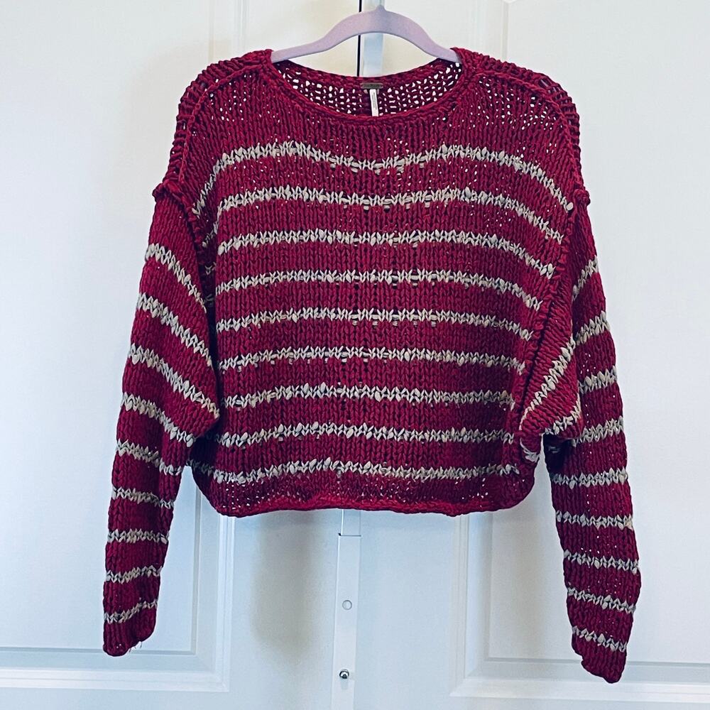 Free People Loose Knit Crochet Sweater - Women Size Small - Maroon and Gray